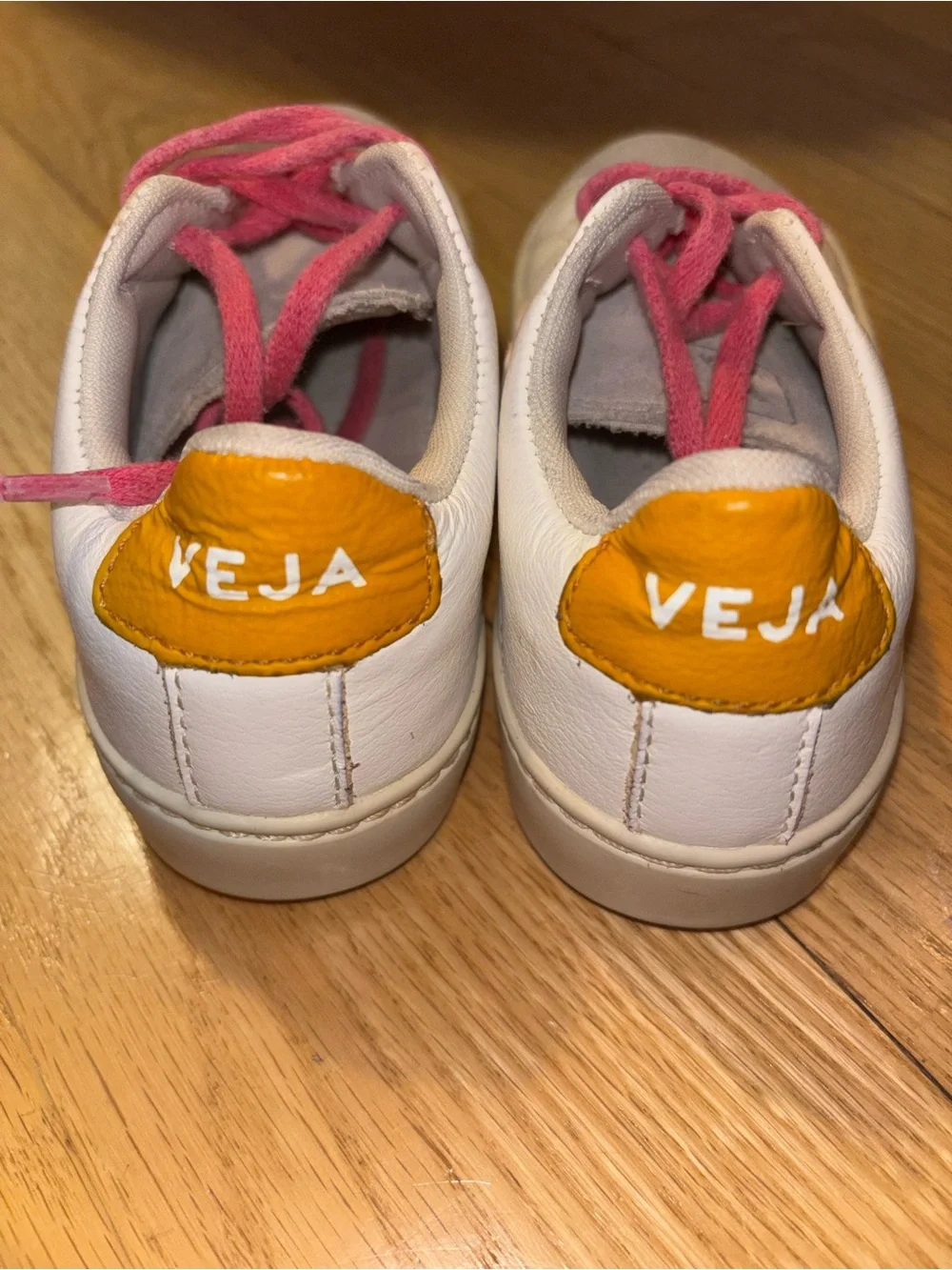Veja Kids White Sneakers with Pink Accents and Yellow Heel Tab